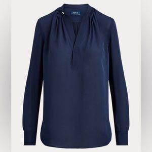 ❌SOLD❌Polo Ralph Lauren Navy Blue 100% Silk Button Down V-Neck Blouse Size XS